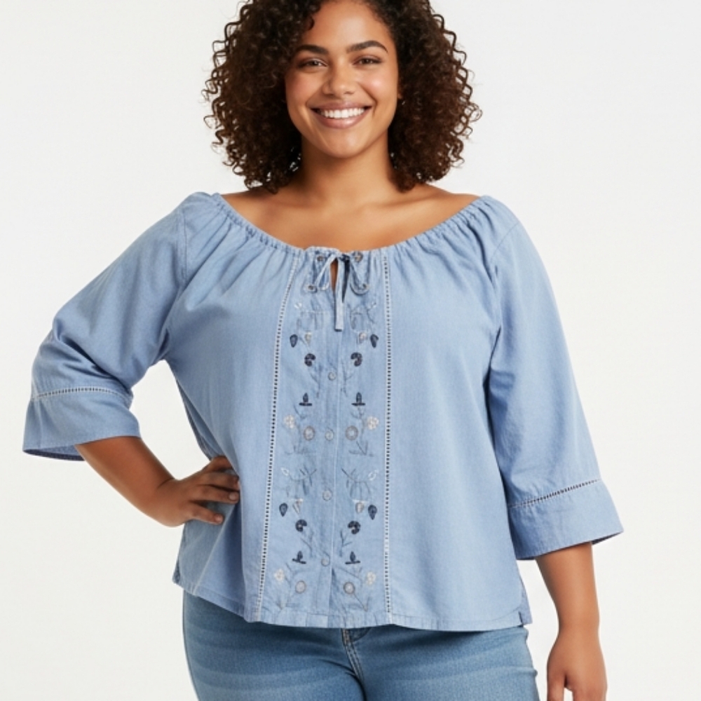 Just Class Blue Cotton Embroiderd Round Neck Button Front Blouse 2X (lo15)